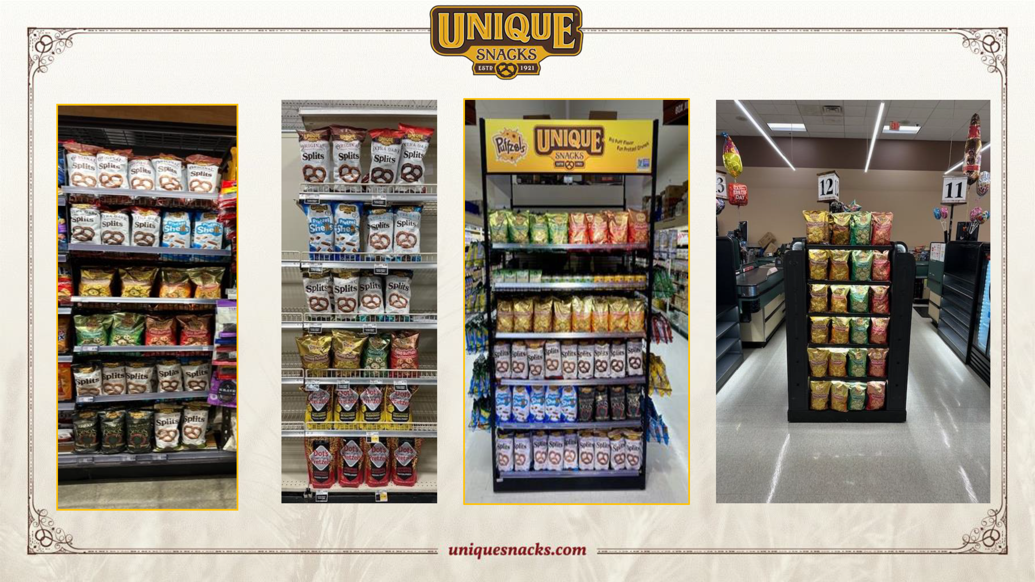 Unique Snacks shelf display in grocery store